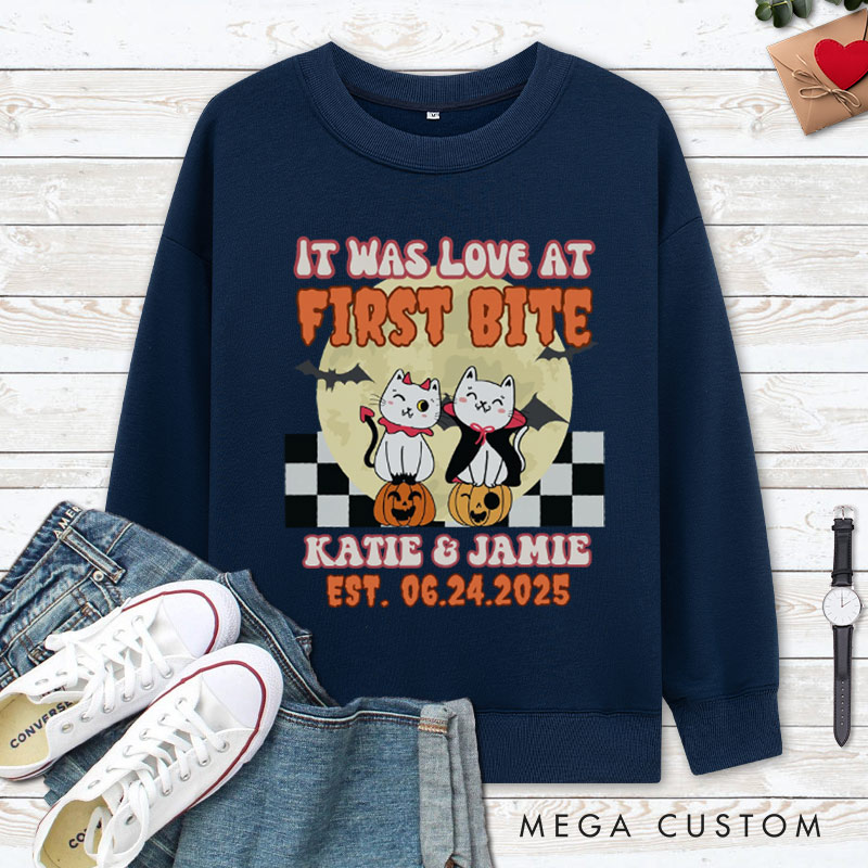 Personalized Love at First Bite and Fangs for the Memories Cat Couple Halloween Couple Sweatshirt