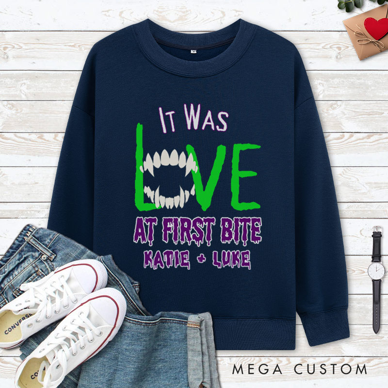 Personalized Love at First Bite & Fangs for the Memories Halloween Couple Sweatshirt