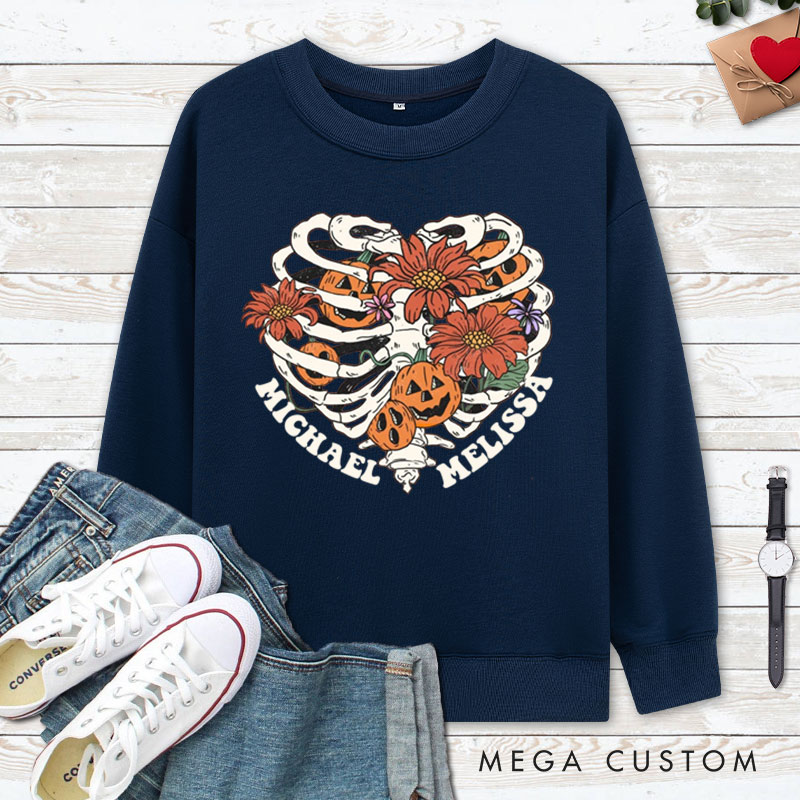 Personalized Floral Skeleton Ribcage with Pumpkins Halloween Couple Sweatshirt