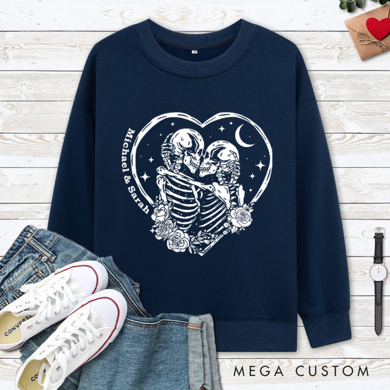 Personalized Eternal Love Skeleton Couple in Heart Halloween Couple Sweatshirt