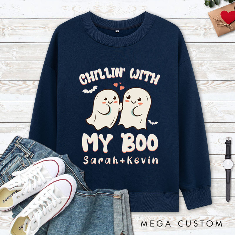 Personalized Chillin' with My Boo Ghost Couple Halloween Couple Sweatshirt