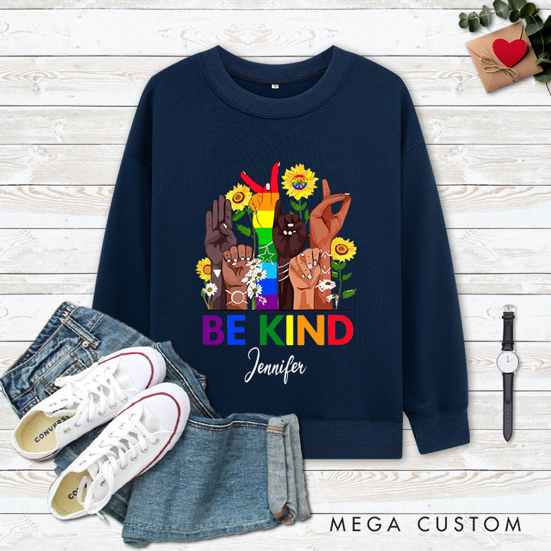 Personalized Be Kind Classic Ugly Sweatshirts with Diverse Skin Color Gestures Rainbow Elements and Sunflower Patterns Perfect Gift for Yoga Lover and Mindfulness