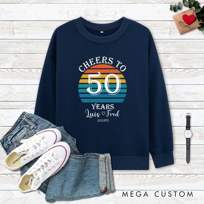 Personalized Couple 50th Anniversary Sweatshirt Retro Sunset Anniversary Tops Cheers to 50 Years Outfits for Husband Wife