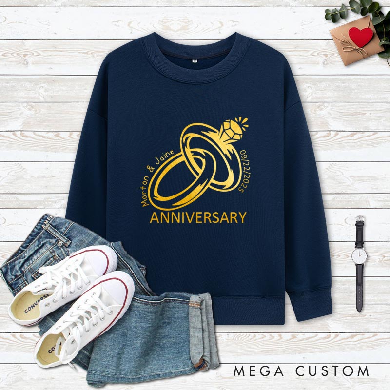 Personalized Golden Rings Anniversary Sweatshirt Elegant Celebrate Couple Anniversary Outfits for Husband Wife Anniversary Gift Tops