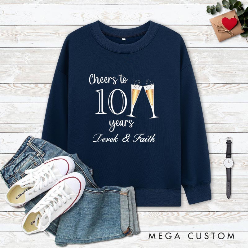Personalized Couple 10th Anniversary Sweatshirt Cheers to 10 Years Sweatshirt Anniversary Gift Champagne Outfit for Wife Husband Couple Gift Top