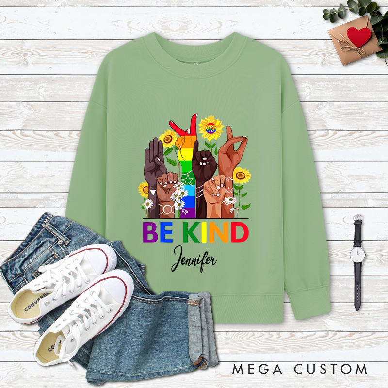 Personalized Be Kind Classic Ugly Sweatshirts with Diverse Skin Color Gestures Rainbow Elements and Sunflower Patterns Perfect Gift for Yoga Lover and Mindfulness