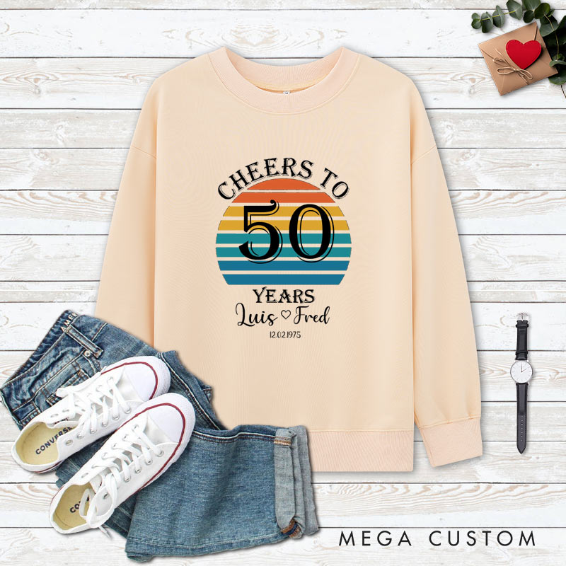 Personalized Couple 50th Anniversary Sweatshirt Retro Sunset Anniversary Tops Cheers to 50 Years Outfits for Husband Wife