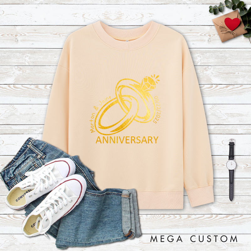 Personalized Golden Rings Anniversary Sweatshirt Elegant Celebrate Couple Anniversary Outfits for Husband Wife Anniversary Gift Tops