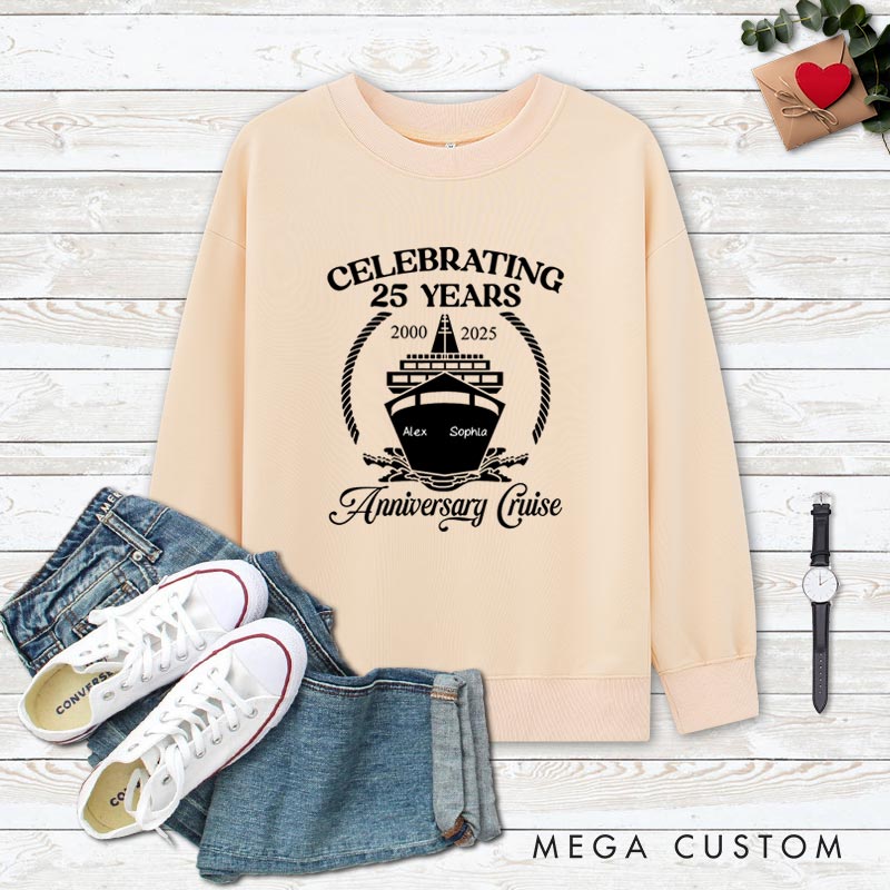 Personalized Couple 25th Cruisin Anniversary Sweatshirt Celebrating 25 Years Anniversary Cruise Outfits for Husband Wife Cruisin Gift Tops