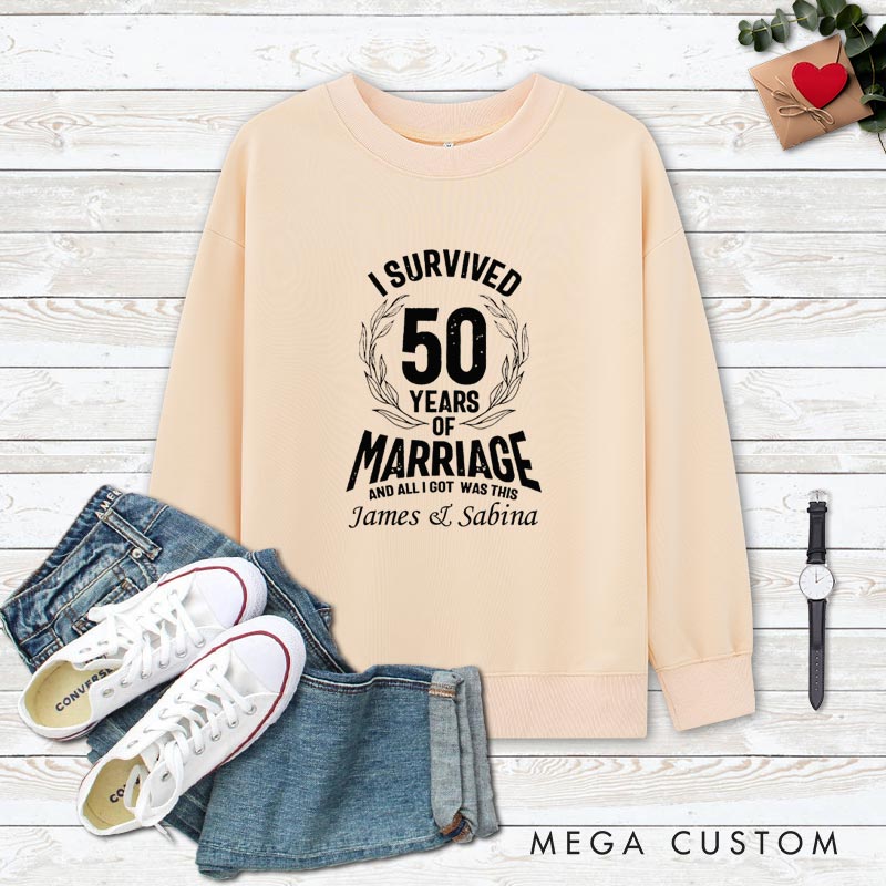 Personalized Couple 50th Anniversary Sweatshirt I Survived 50 Years of Marriage Outfit Anniversary Humorous Golden Sweatshirt Couple Gift Tee