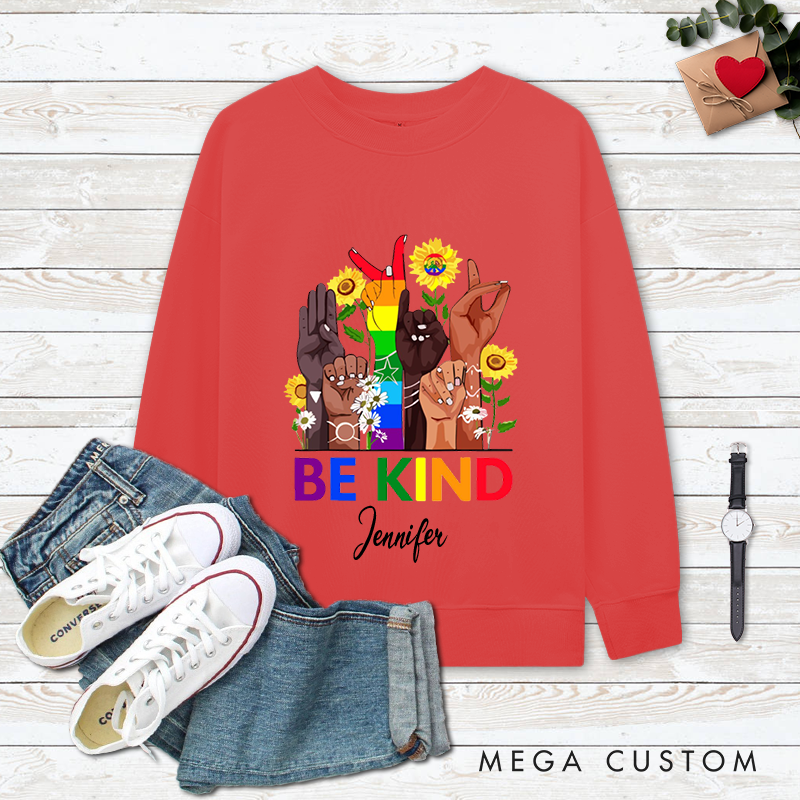 Personalized Be Kind Classic Ugly Sweatshirts with Diverse Skin Color Gestures Rainbow Elements and Sunflower Patterns Perfect Gift for Yoga Lover and Mindfulness
