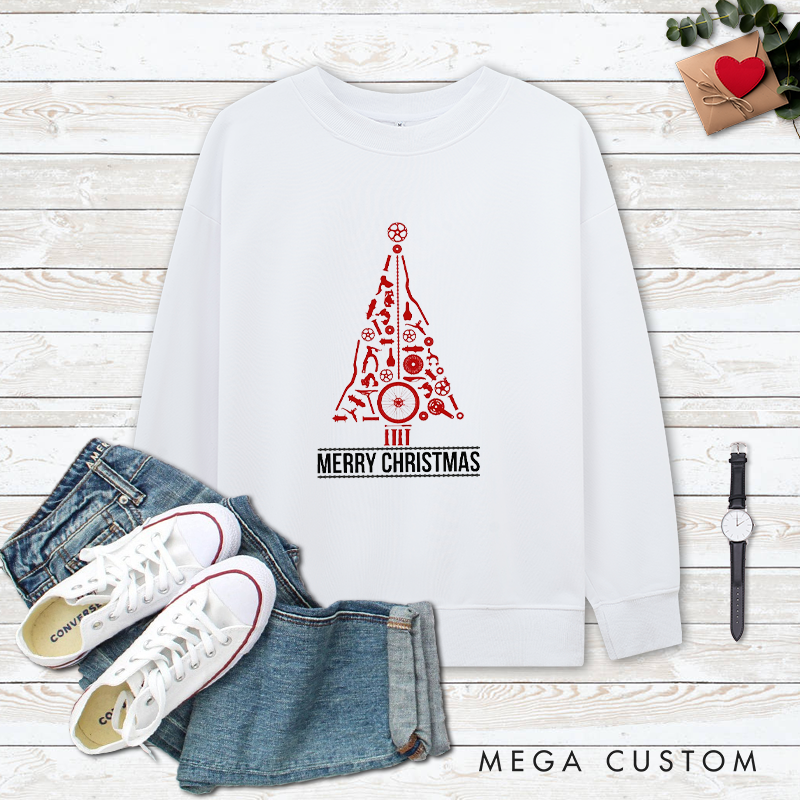 Personalized Bicycle Classic Christmas Sweatshirt Bike Parts Christmas Tree for Cycling Lovers