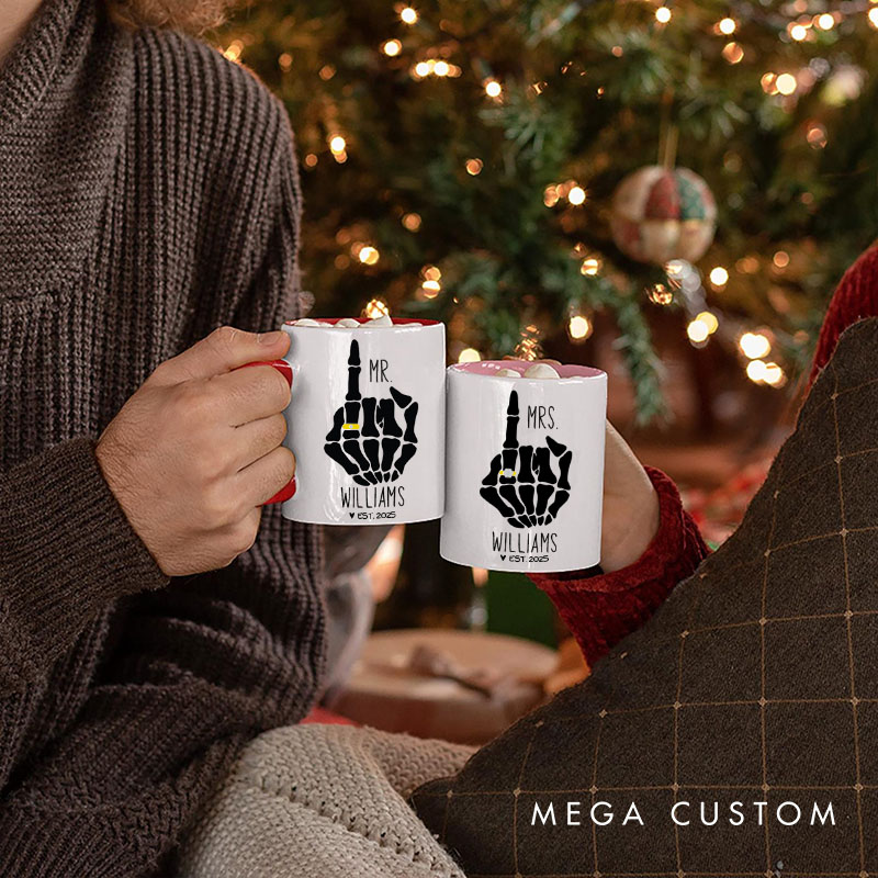 Personalized Couple Wedding Mr. and Mrs. with Skeleton Hand Mug Custom Engagement Mug with Name Valentine's Day Mug for Husband Wife Hubby Wifey