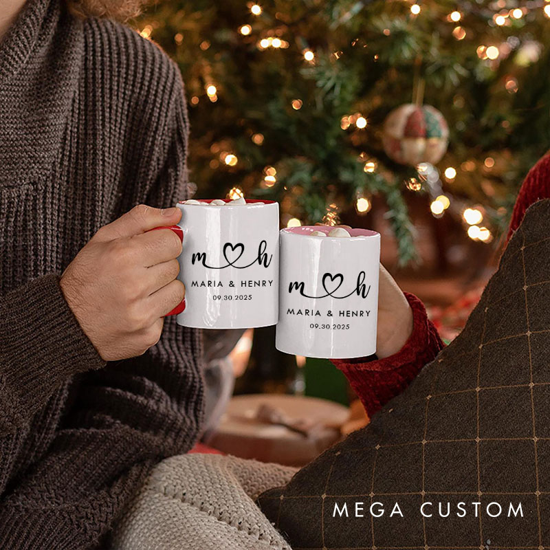 Personalized Couple Initials Heart Mug Custom Couple Name Coffee Mug with Date Valentine's Day Mug for Husband Wife Boyfriend Girlfriend