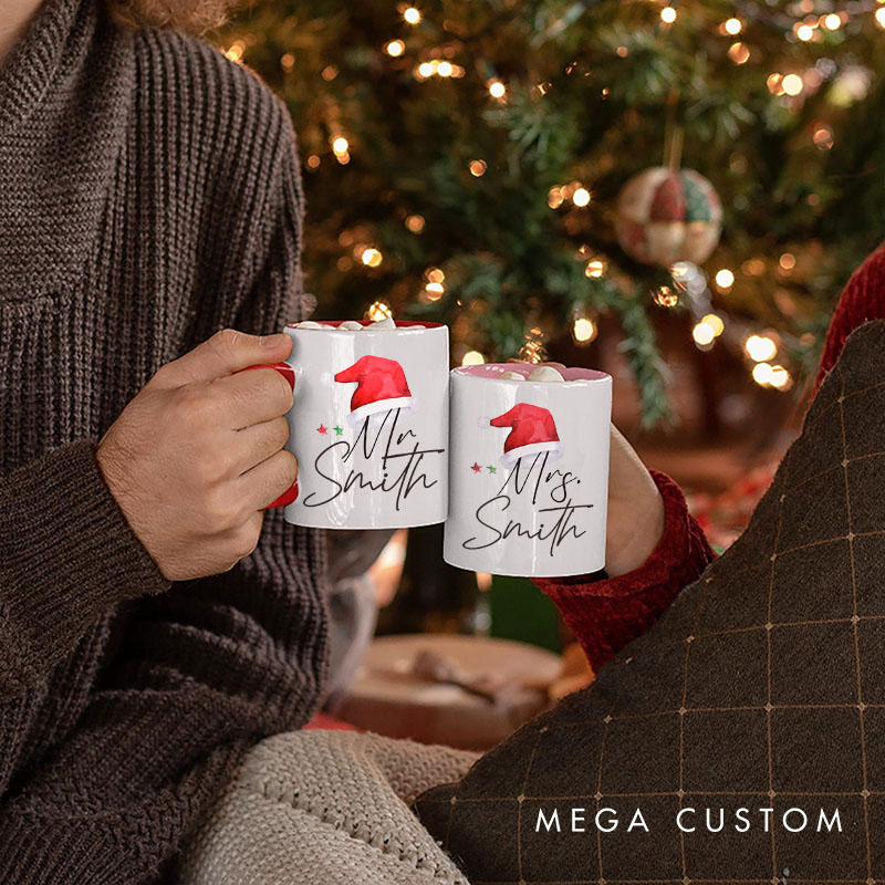 Personalized Couple Mr. and Mrs. with Christmas Hat Mug Custom Couple Xmas Coffee Mug with Name Christmas Mug for Husband Wife Hubby Wifey