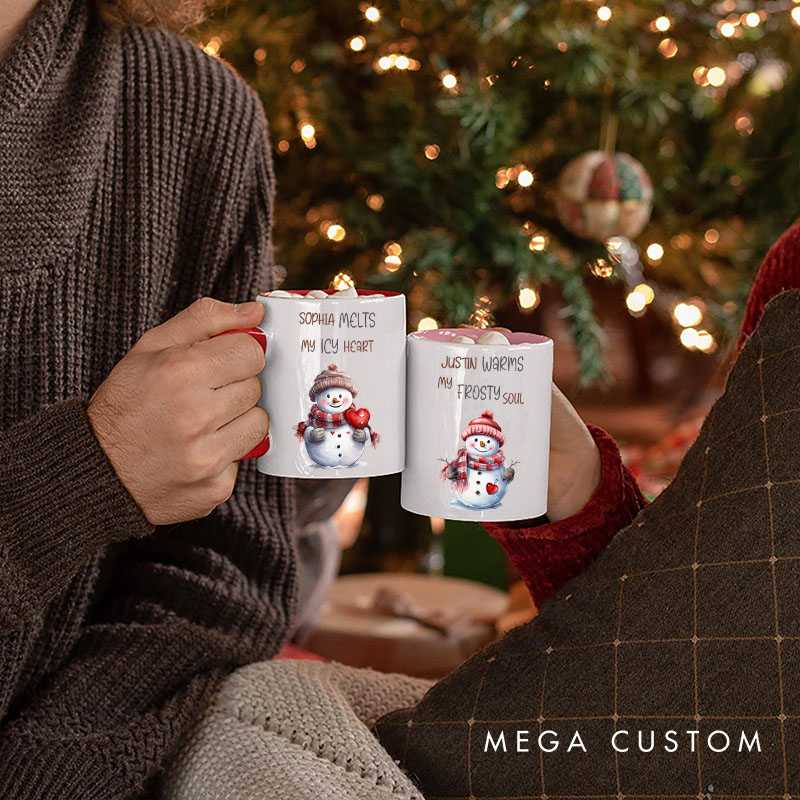 Personalized Couple She Melts My Icy Heart and He Warms My Frosty Soul Christmas Mug Couple Name Xmas Coffee Mug for Husband Wife Boyfriend Girlfriend