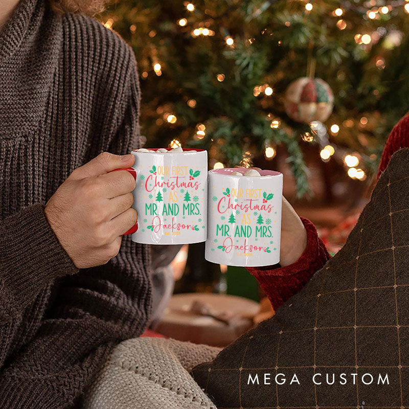 Personalized Couple Our First Christmas as Mr. and Mrs. Mug with Name Newlyweds Xmas Coffee Mug Christmas Mug for Husband Wife Hubby Wifey