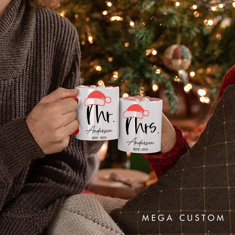 Personalized Couple Elegant Mr. and Mrs. with Christmas Hat Mug Custom Couple Name Xmas Coffee Mug Christmas Mug for Husband Wife Boyfriend Girlfriend