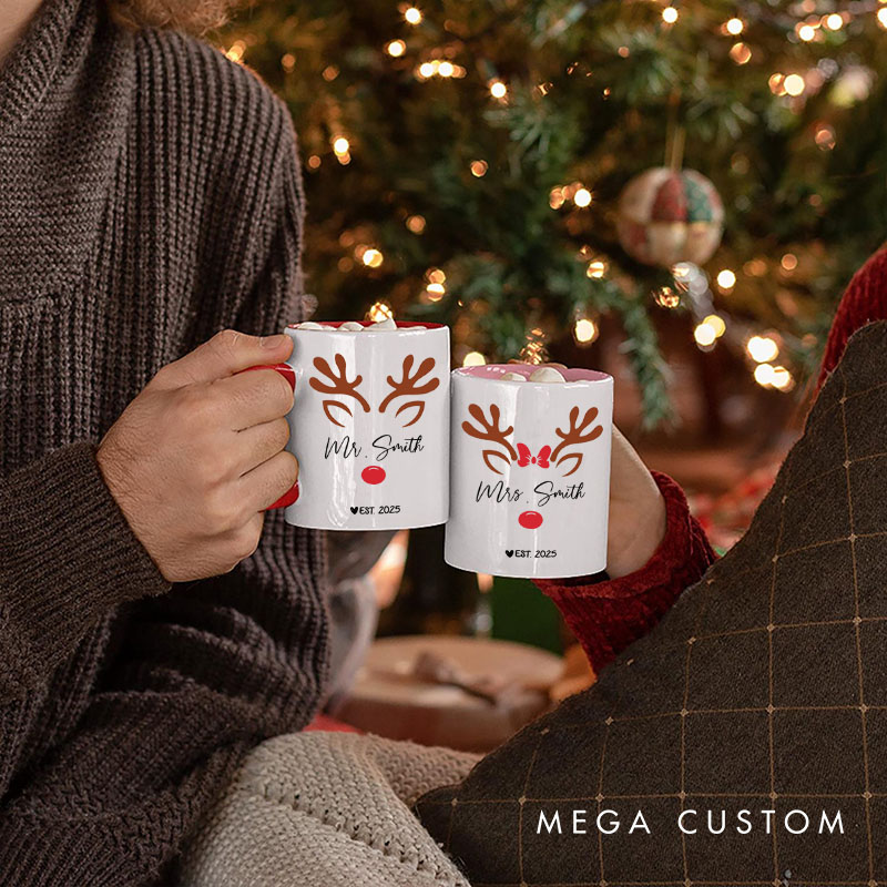 Personalized Couple Mr. and Mrs. with antler Christmas Mug Custom Couple Name Xmas Coffee Mug Christmas Mug for Husband Wife Boyfriend Girlfriend