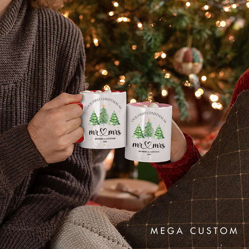 Personalized Couple Our First Christmas as Mr. and Mrs. Mug Custom Couple Xmas Tree Coffee Mug with Name Christmas Mug for Husband Wife Hubby Wifey