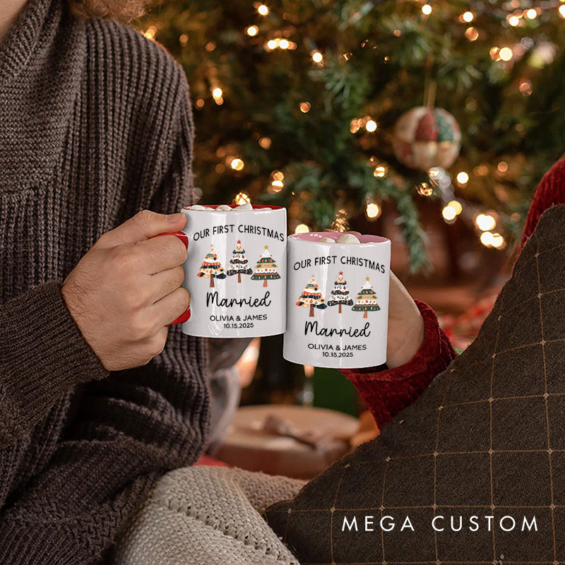 Personalized Couple Our First Christmas Married Mug Custom Newlyweds Name Xmas Tree Coffee Mug Christmas Mug for Husband Wife Hubby Wifey