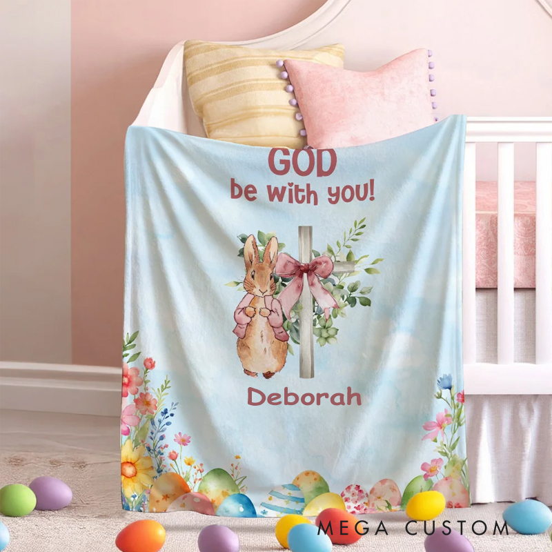 Personalized God Be with You Floral Easter Eggs Bow Cross Peter Rabbit Soft Throw Blanket with Name Home Decor Easter Gift for Christians