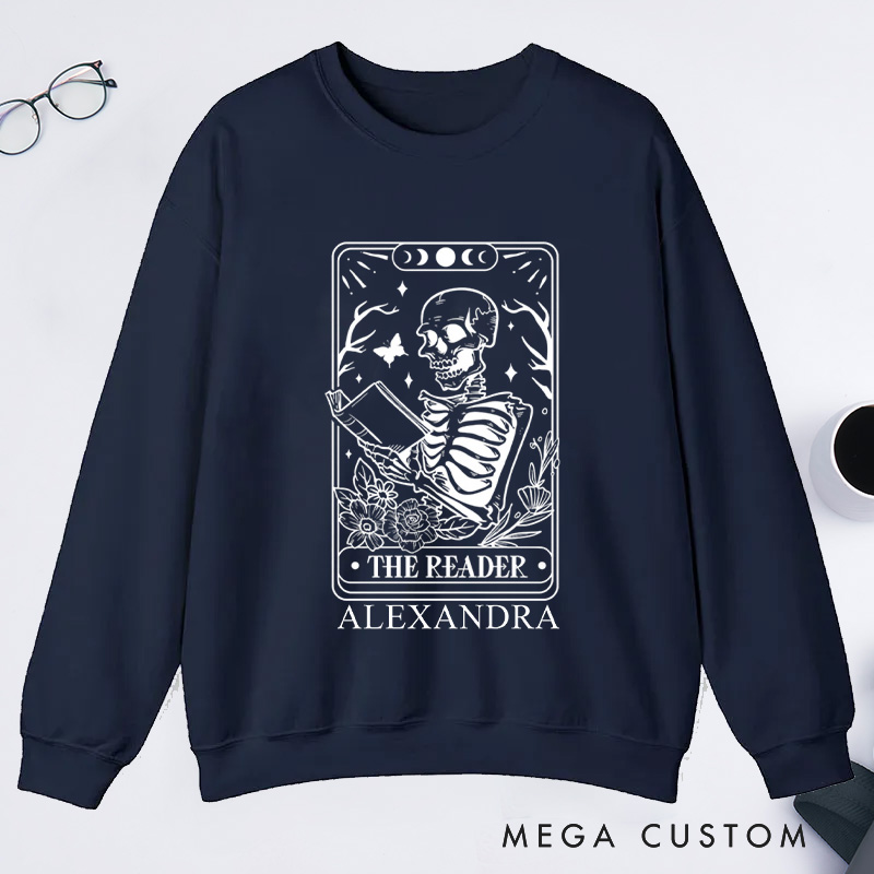 Personalized The Reader Tarot Card Classic Sweatshirts Skeleton Sweatshirt Bookish Sweatshirt with Name Book Lover Gift Librarian Gift Reader Gift