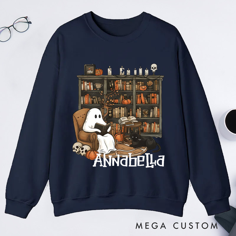 Personalized Retro Ghost Reading Books Classic Sweatshirts Book Lover Sweatshirt Halloween Sweatshirt Reading Gift Librarian Gift Book Lover Gift