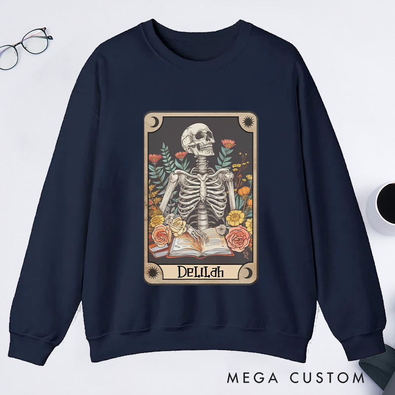 Personalized The Reader Tarot Card Classic Sweatshirts Skeleton Reading Sweatshirt with Name Book Lover Gift Librarian Gift