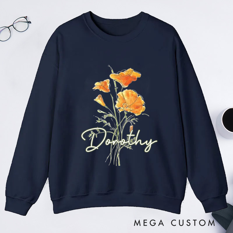 Personalized Golden Poppy Classic Sweatshirts Wildflower Sweatshirt with Name Botanical Sweatshirt Plant Lover Gift Gardening Gift for Gardener
