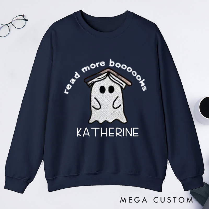Personalized Ghost Book Classic Sweatshirts Fall Spooky Season Sweatshirt Reading Ghost Sweatshirt Book Lovers Gift Halloween Gift