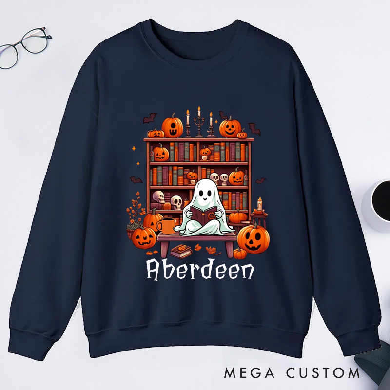 Personalized Ghost Book Reader Classic Sweatshirts Halloween Sweatshirt Bookish Sweatshirt with Name Book Lover Gift Librarian Gift Halloween Gift