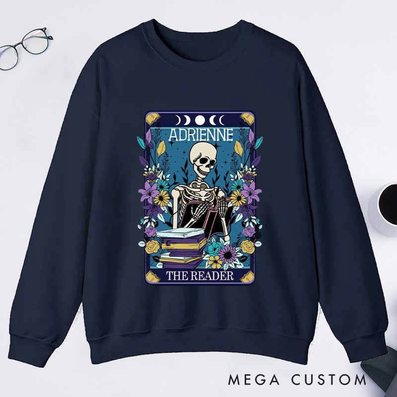 Personalized The Reader Classic Sweatshirts Skeleton Tarot Sweatshirt Bookish Sweatshirt with Name for Book Lover Gift Librarian Gift