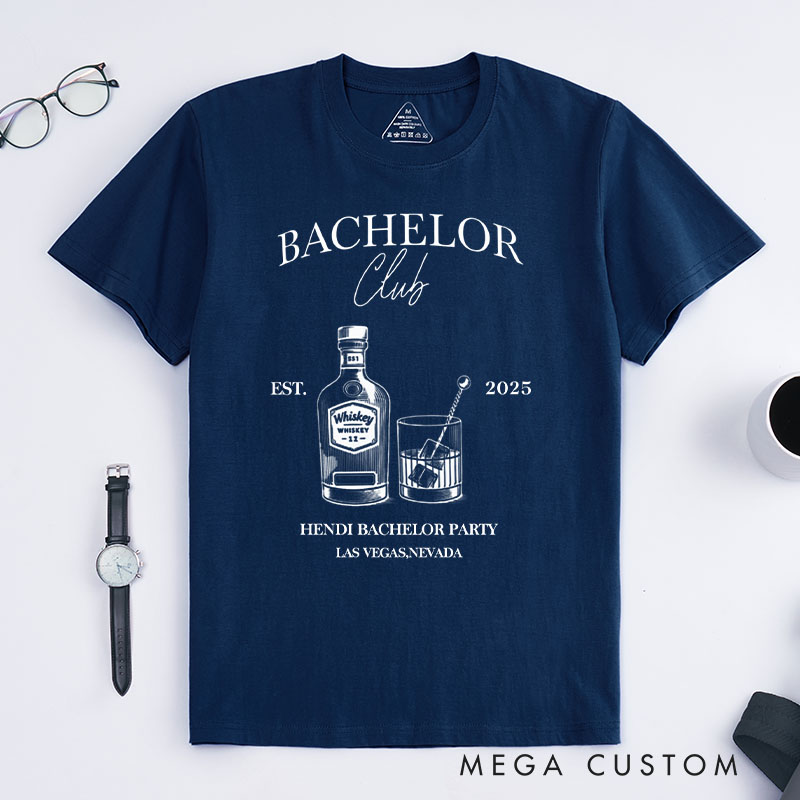 Personalized Groom Bachelor Club T-Shirt Whiskey Bottle & Glass Designed Shirts Groomsman Proposal Gift T-Shirt Wedding Party Favors Top for Best Man
