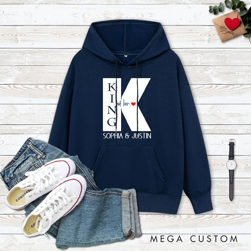 Personalized Couple King of Her Heart and Queen of His Heart Valentine's Day Hoodie with Name Couple Sweatshirt for Boyfriend Girlfriend Husband Wife