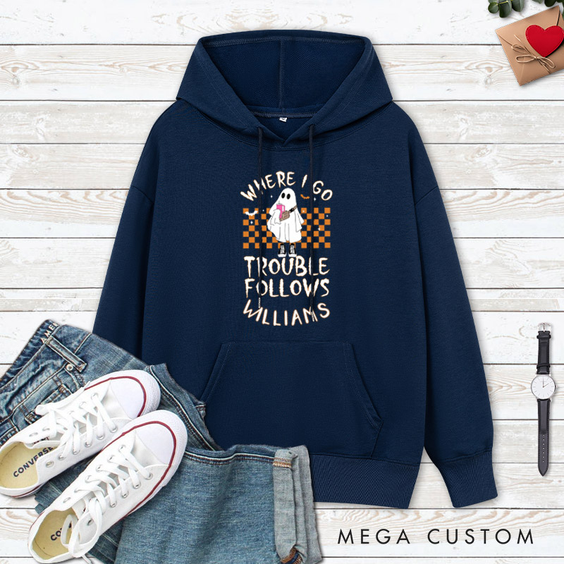 Personalized Where I Go Trouble Follows Ghost with Checkered Background Couple Hoodie