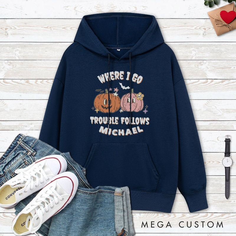 Personalized Where I Go Trouble Follows & I'm Trouble Pumpkin Halloween Couple Hoodie