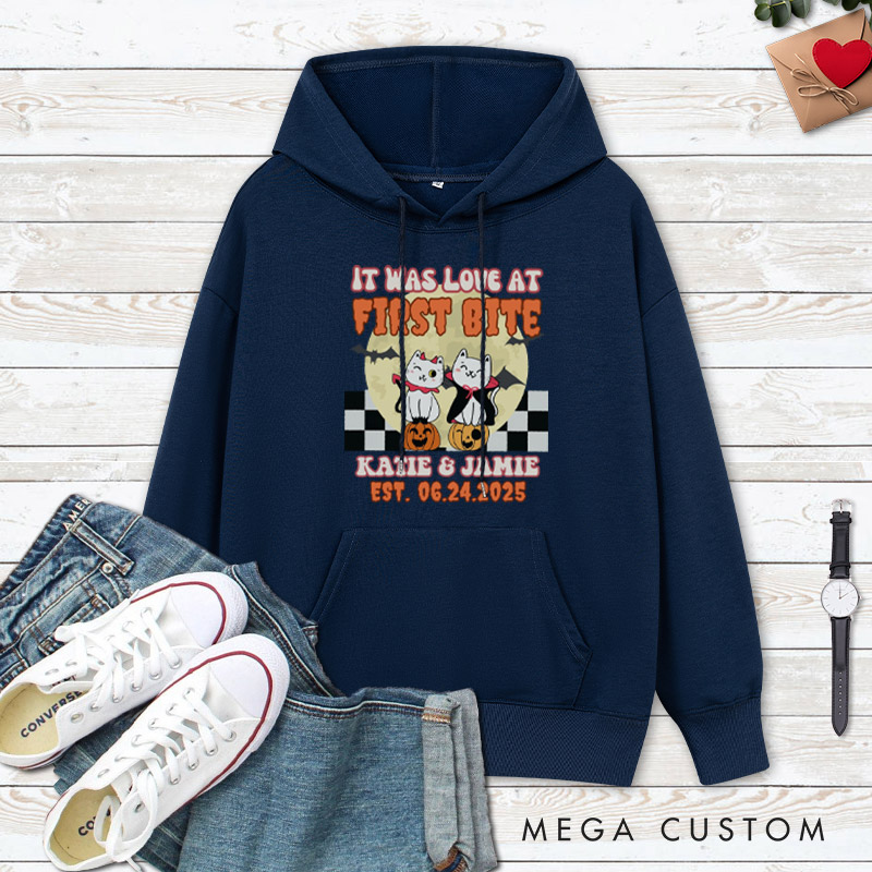 Personalized Love at First Bite and Fangs for the Memories Cat Couple Halloween Couple Hoodie