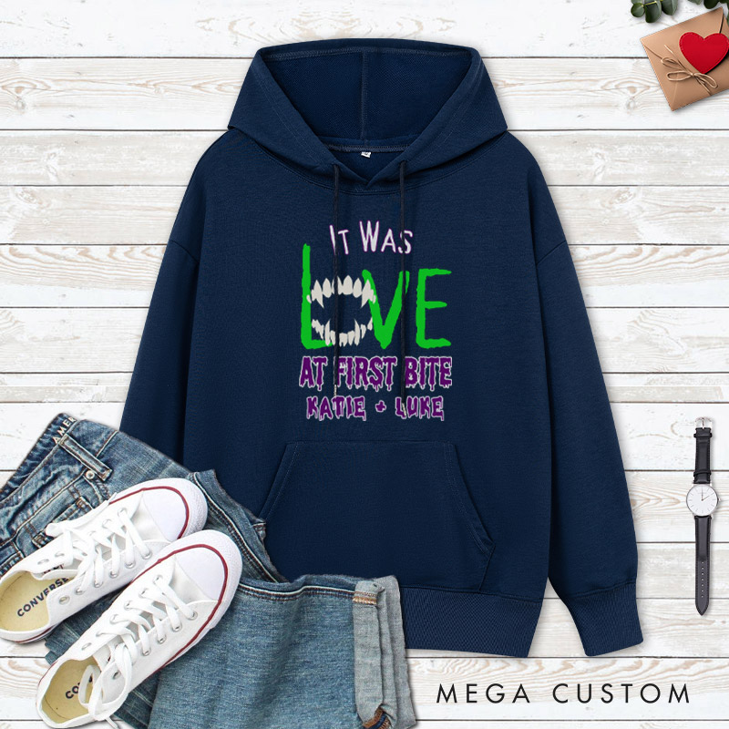 Personalized Love at First Bite & Fangs for the Memories Halloween Couple Hoodie