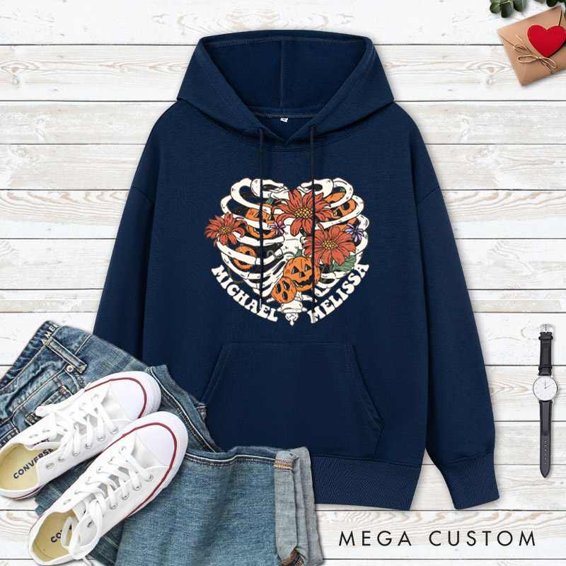 Personalized Floral Skeleton Ribcage with Pumpkins Halloween Couple Hoodie