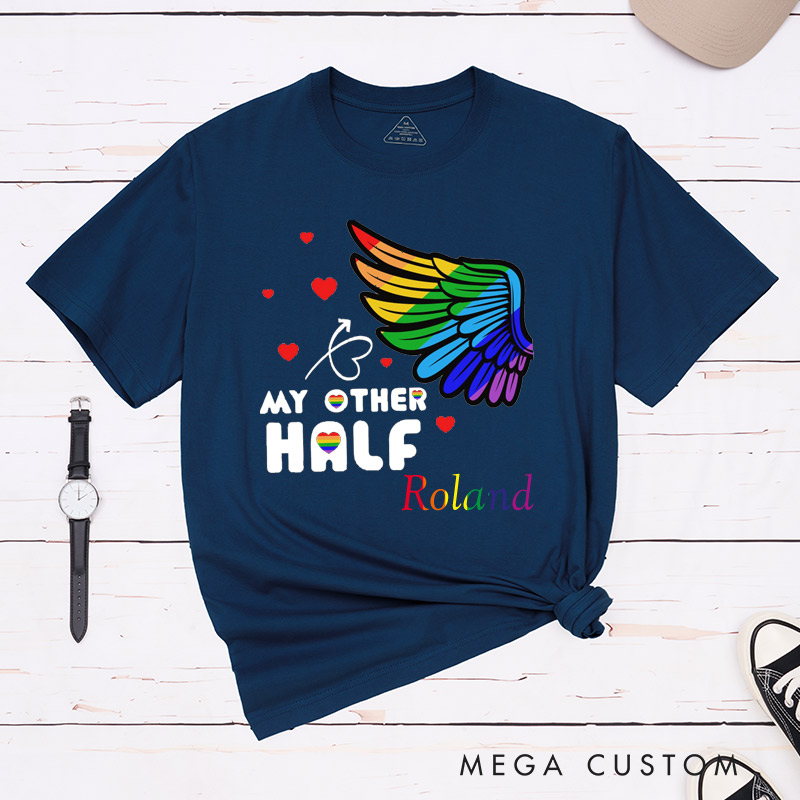 Personalized My Other Half Rainbow Wings Couple T-Shirts LGBTQ Matching Shirts for her him Pride Lesbian Gay Couple Tees