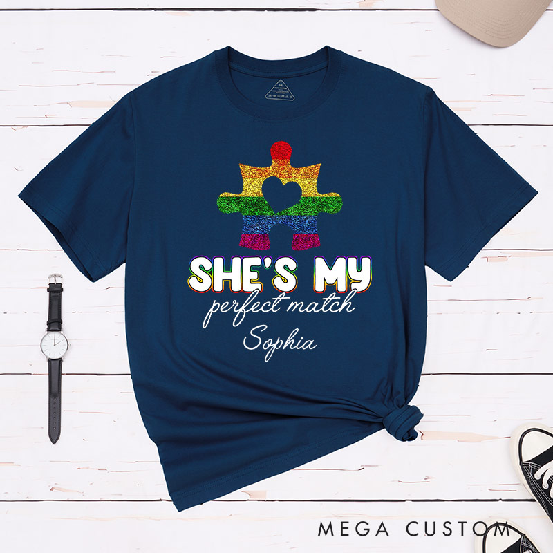 Personalized She's My Perfect Match Puzzle Piece Pride T-Shirts LGBTQ Lesbian Matching Couple Shirt Lesbian Wife Girlfriend Tees