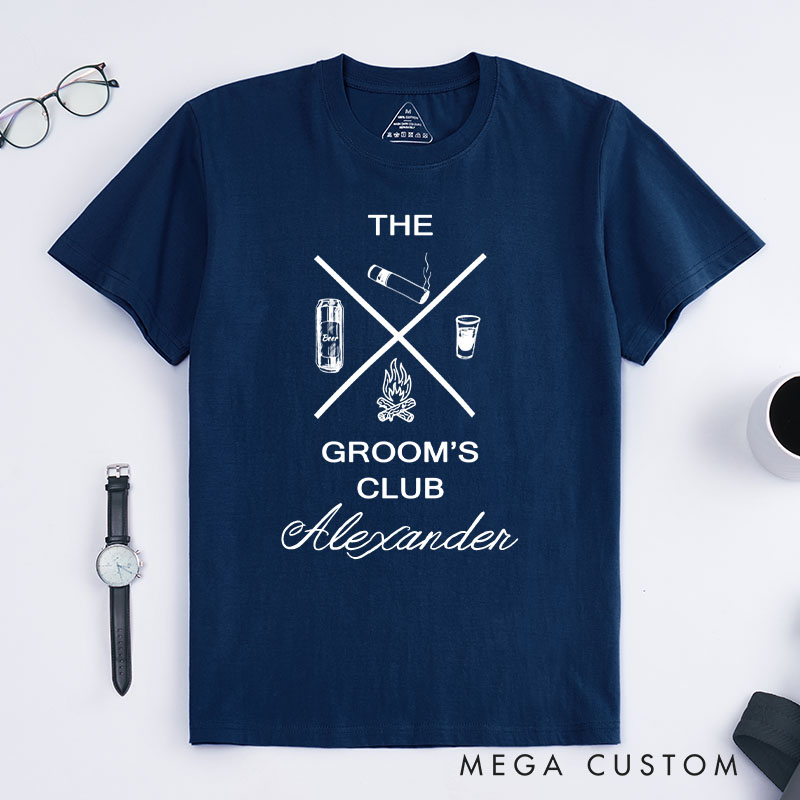 Personalized Rustic Bachelor Party Icon Design Beer Cigars Shots And Campfire Shirt for Groom Crew Wedding Party Favors Shirt for Best Man