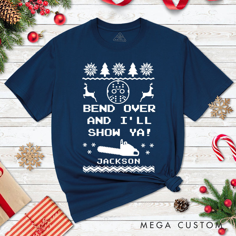 Personalized Couple Bend Over and I'll Show Ya with Christmas Tree Matching T-Shirt Couple Christmas Shirt for Husband Wife Boyfriend Girlfriend Gift