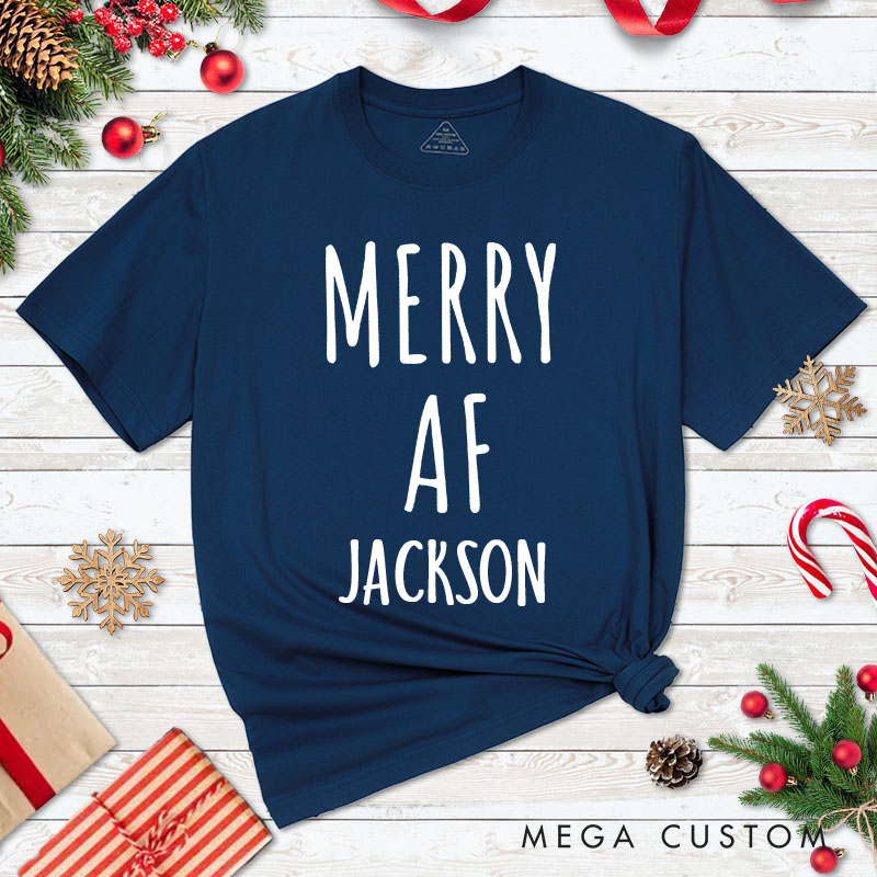 Personalized Couple Merry AF and Jolly AF Matching Christmas T-Shirt with Name Couple Xmas T-Shirt for Husband Wife Boyfriend Girlfriend