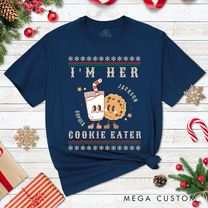 Personalized Couple I'm Her Cookie Eater Christmas Matching T-Shirt Couple I'm His Milk Drinker Xmas T-Shirt for Husband Wife Boyfriend Girlfriend