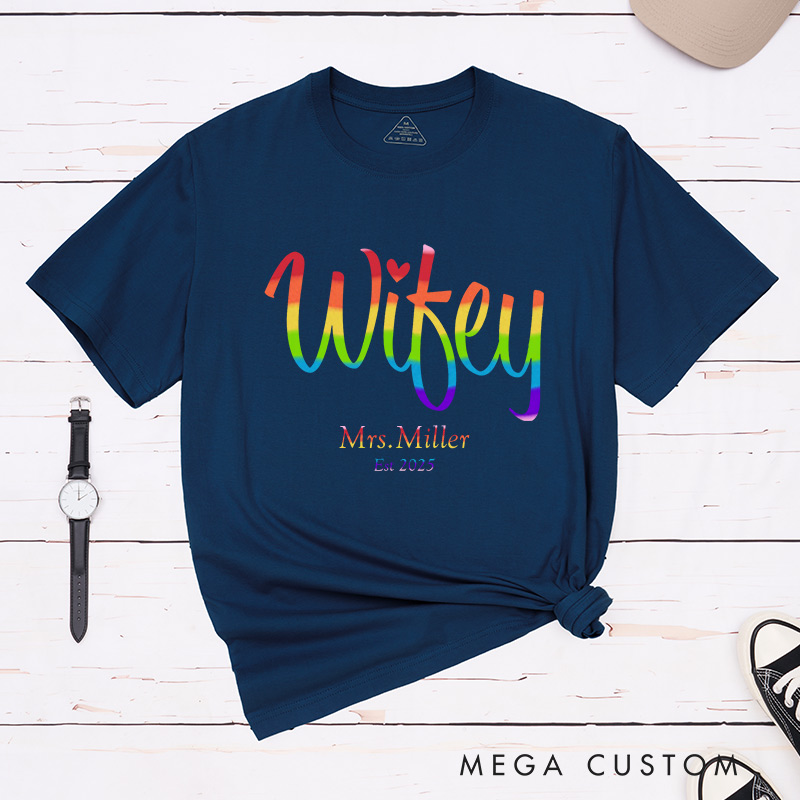 Personalized Wifey and Wife Rainbow Couple T-Shirts LGBTQA+ Lesbian Couple Shirt for Her Pride Lesbian Matching Tee