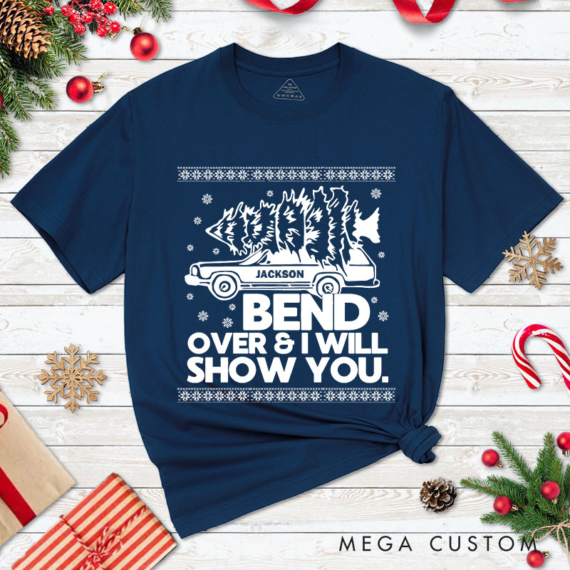 Personalized Couple Bend Over and I Will Show You Christmas T-Shirt Couple Xmas Truck with Tree Matching T-Shirt for Husband Wife Boyfriend Girlfriend