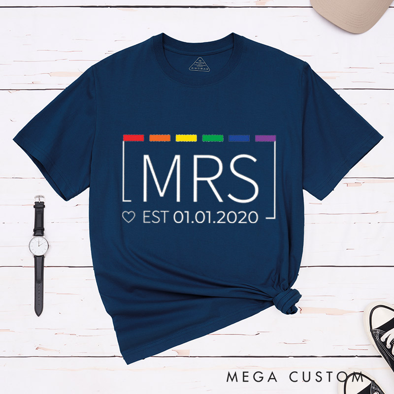 Personalized Mrs and Mrs Rainbow Couple t-Shirts LGBTQ Couple Matching Shirt for Her Lesbian Anniversary Tee