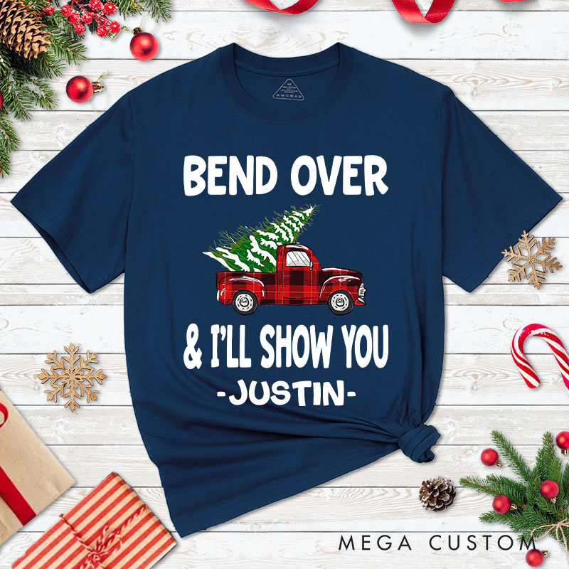 Personalized Couple Funny Bend Over and I’ll Show You Christmas T-Shirt Couple Xmas Plaid Truck Matching T-Shirt for Husband Wife Boyfriend Girlfriend